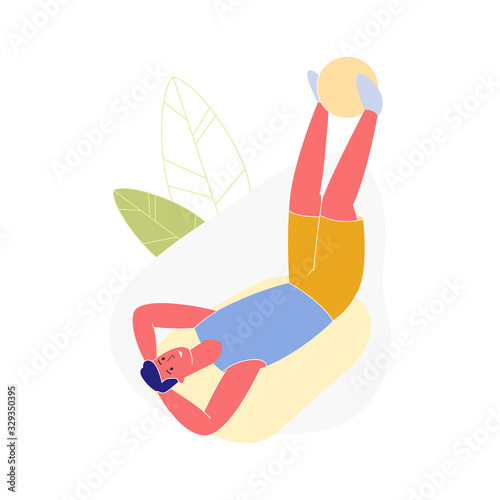 Young Man Training with Ball, Patient Use Sport Equipment for Training Legs. Athletes Rehabilitation at Convalescent Center, Sports Workout, Physiotherapy Procedure. Cartoon Flat Vector Illustration