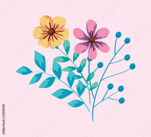 cute flowers and branches with leafs design