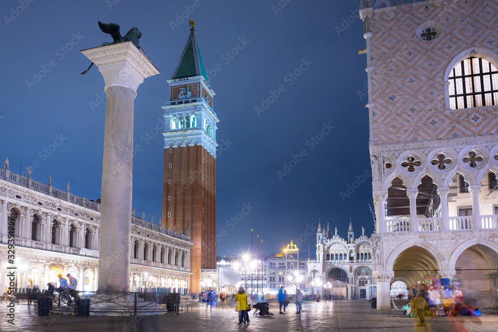 Piazza San Marco square with Doges Palace in Venice city at night, Italy