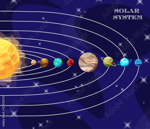 Set of bright colorful planets in Solar System on space background. Planets in their orbits. Vector illustration.