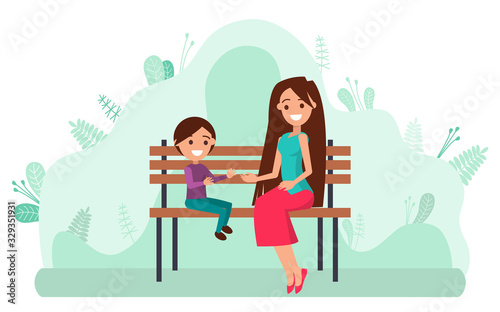 Mother with little daughter sitting on wooden bench in park. Young woman and child smiling and playing. Mum with kid spending time outdoors vector