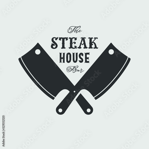 Steak house set logo with grill, knife, meat, wine and beer. A restaurant. Vector illustration. photo
