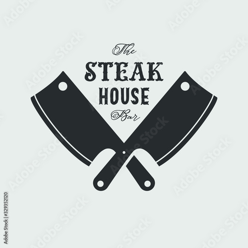 Steak house set logo with grill, knife, meat, wine and beer. A restaurant. Vector illustration.