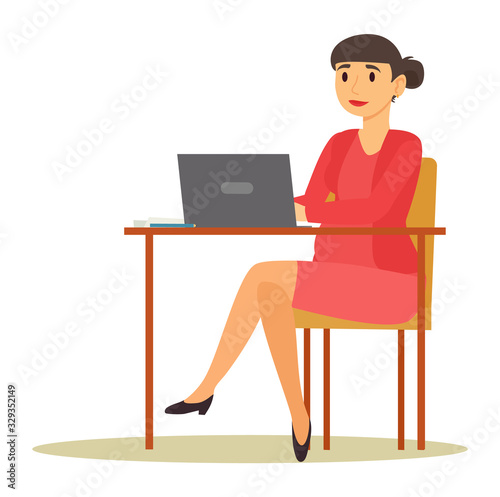 Businesswoman working on laptop, expectant mother at work. Future mother typing on computer. Pregnant woman at job, isolated female character sitting by pc. Lady at workplace, vector in flat