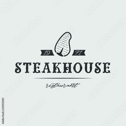Steak house set logo with grill, knife, meat, wine and beer. A restaurant. Vector illustration.