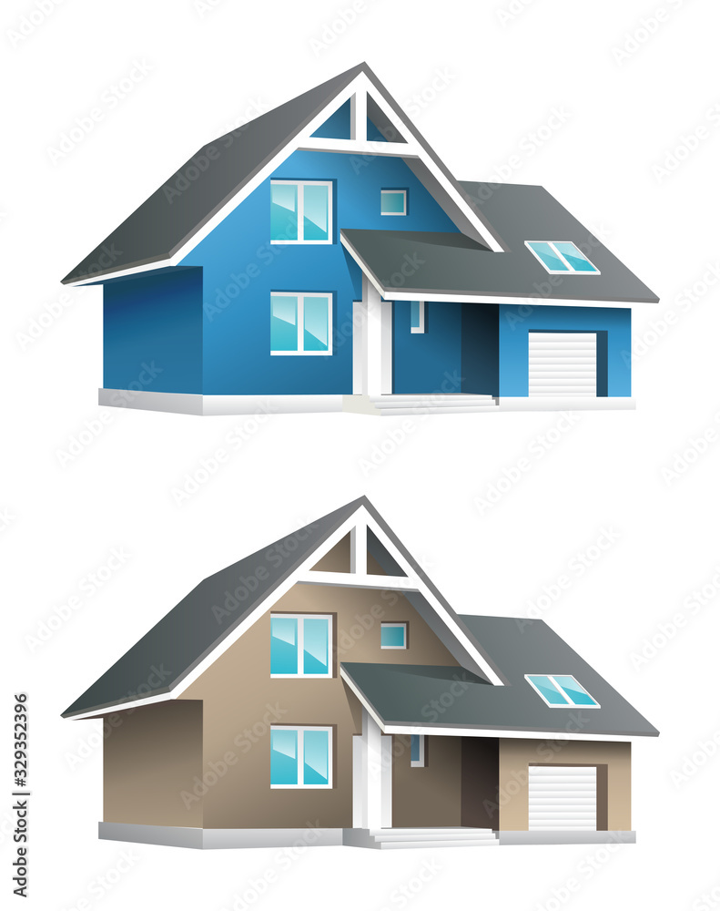 Set of cozy 3d houses, beige and blue with garage and porch. Vector illustration, editable clipart. House on a white background. Icon, symbol of construction, rental, purchase of real estate, comfort.