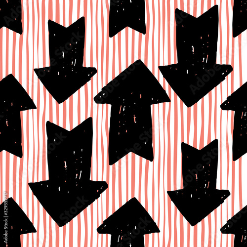 Arrow seamless pattern on stripes background. Black arrows patternon white background photo