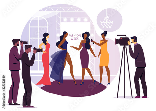 Fashion Designer Interview Vector Illustration. Women in Elegant Clothes and Press Cartoon Characters. Lady Talking to Journalist. Cameraman and Photographers Shooting Models in Evening Dresses