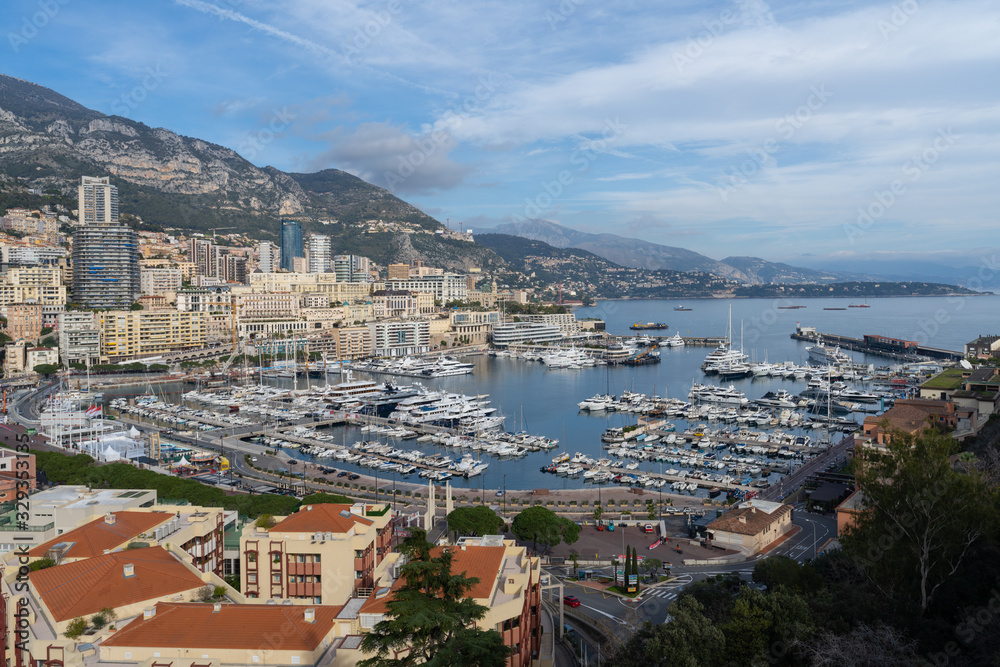 View of Hercules Port and surrounding buildings in Monte carlo, Monaco.