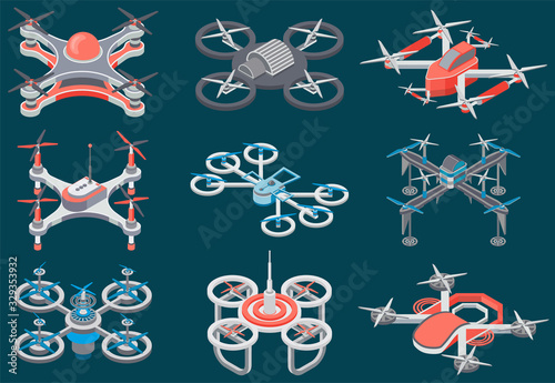 Drones with propellers vector, isolated set of different kinds and models of helicopters. Modern technologies and innovations, flying transport. Toys and constructions illustration in flat style