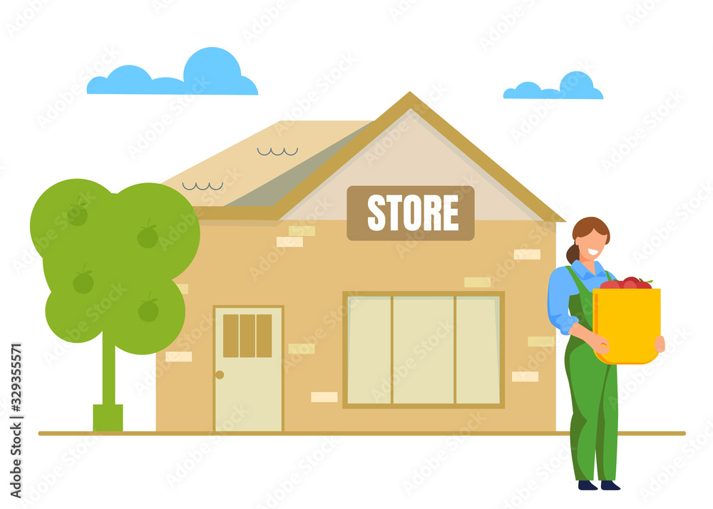 Woman Farmer Hold Basket with Ripe Fruits or Vegetables on Store Building Background. Ecological Healthy Farm Production Delivery for Sale in Shop. Gardener Harvesting Cartoon Flat Vector Illustration Woman Farmer Hold Basket with Ripe Fruits or Vegetables on Store Building Background. Ecological Healthy Farm Production Delivery for Sale in Shop. Gardener Harvesting Cartoon Flat Vector Illustration