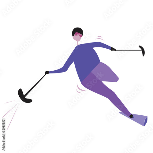A skier without legs is isolated on a poor background for design, flat vector stock illustration with a paralympic in glasses and skiing as a concept of sport among the disabled