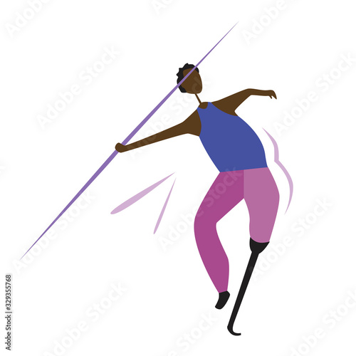 African athlete with a spear or pole and a prosthetic leg isolated on a poor background, flat vector stock illustration with a paralympic as a concept of paralympics