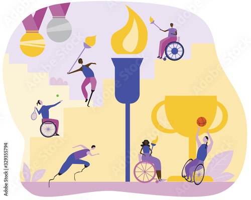 Athletes in wheelchairs and with artificial limbs light the Olympic flame in the puddles, flat vector stock illustration as a concept of paralympic games photo