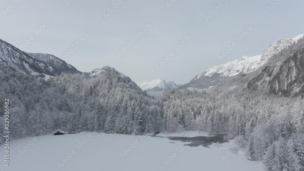 custom made wallpaper toronto digitalAerial pullback, pristine white snow covered woodland valley and mountains