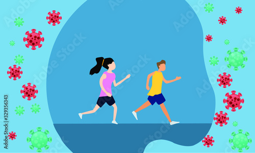 Young adult people running,humen protect virus flat design.