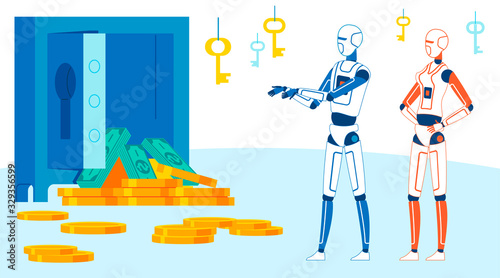 Ai Breaks into Cloud Storage Cartoon Illustration. Identity Theft Performed by Programmed Application Metaphor. Vector Digital Lock System Break-In. Cyborg, Android Valuables Heist