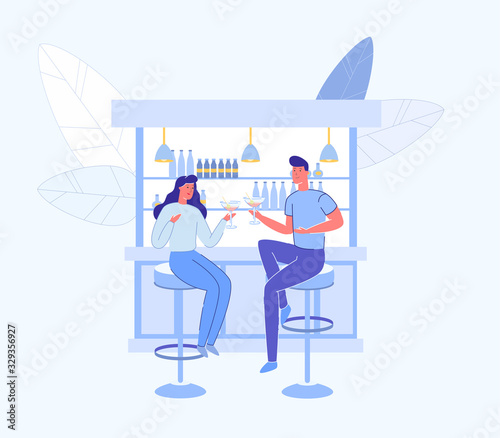 Young Loving Couple Dating in Alcohol Bar or Pub. Romantic Cocktail Evening in Urban Restaurant Interior. Friends Celebration Party with Cartoon Man and Woman Characters. Flat Vector Illustration.