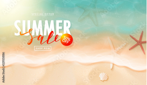 Summer sale card with starfish, sea water and sand.Vector illustration. Template banners,Wallpaper,flyers, invitation, posters, brochure, voucher discount.