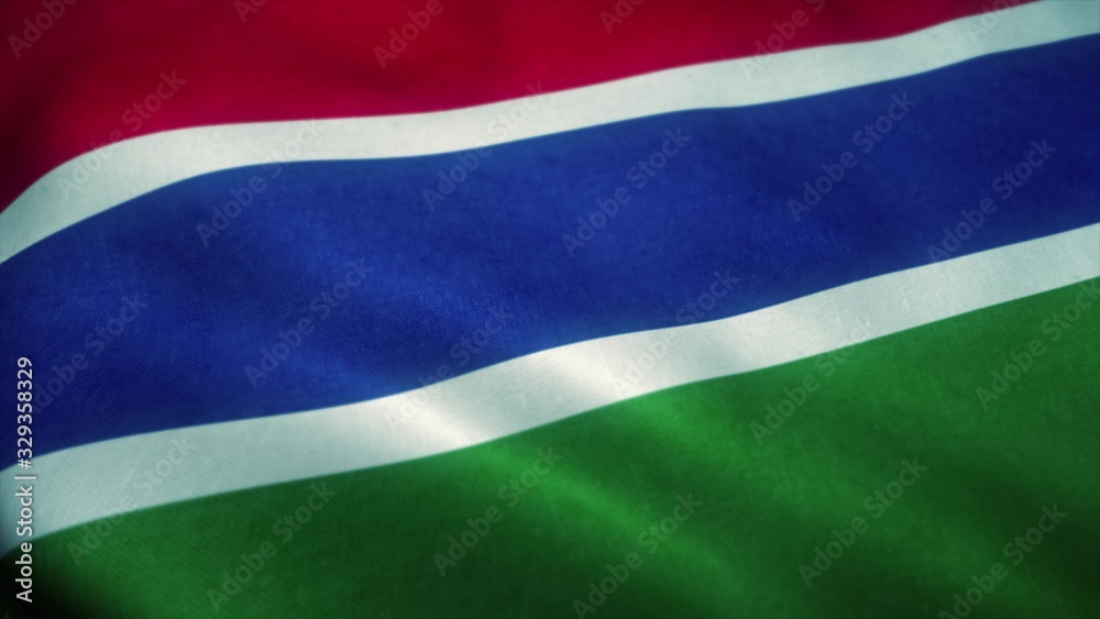 Gambia flag waving in the wind. National flag of Gambia. Sign of Gambia. 3d rendering Gambia flag waving in the wind. National flag of Gambia. Sign of Gambia. 3d rendering