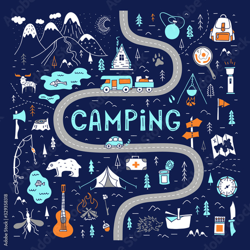 Camping map with lettering. Tourist route for a weekend trip. Hand-drawn vector illustration in doodle style. Hiking trail. Trekking in the forest and outdoor recreation.