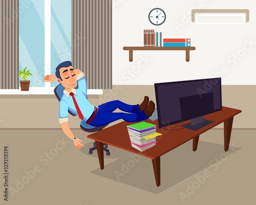 Lazy, Bored Male Employee Procrastinating at Workplace. Businessman Having Break Rest in Office. Man with Legs on Table Sleeping front of Computer. Cartoon Worker Character. Vector Flat Illustration