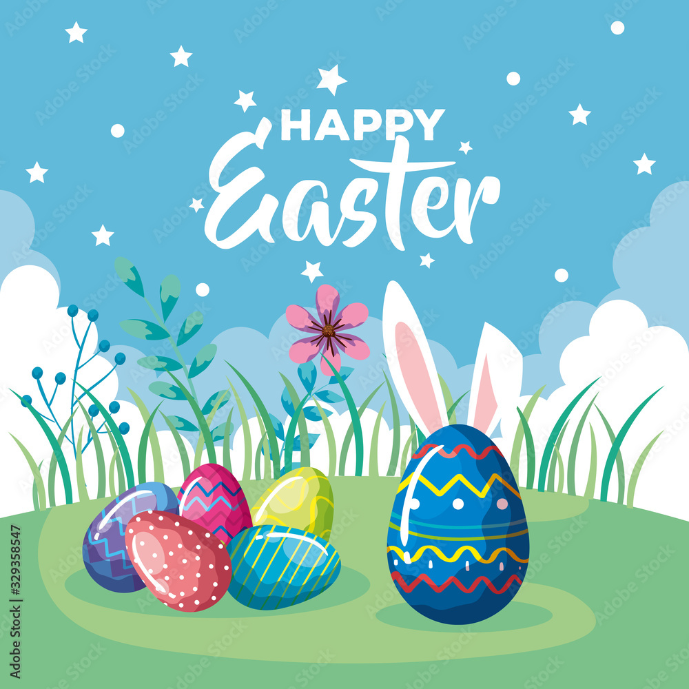 happy easter card with eggs decorated in grass vector illustration design