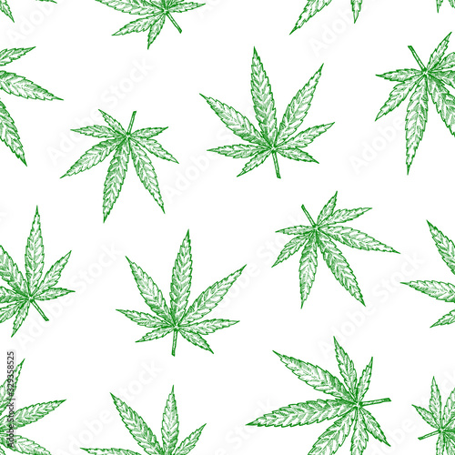 Marijuana Leaves Vector Seamless Background Pattern. Hand Drawn Hemp Sketches. Cannabis Card  Wrapping  Wallpaper or Cover Template