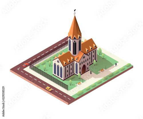Catholic Cathedral with Ennobled Territory Around. Old Church with Spire, Fenced. Priest Standing near Entrance, Man Walking along Street. Cars ride on Road. Isometric Vector Flat Illustration