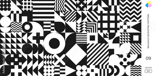 Abstract Bauhaus geometric pattern, vector circle, triangle and square lines background. Black and white Bauhaus Swiss pattern background