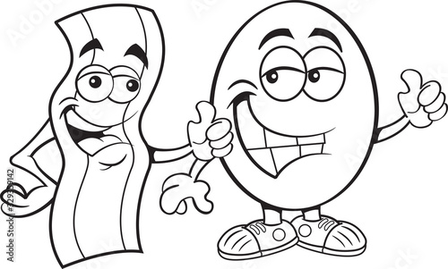 Black and white illustration of a strip of bacon and an egg both giving thumbs up.