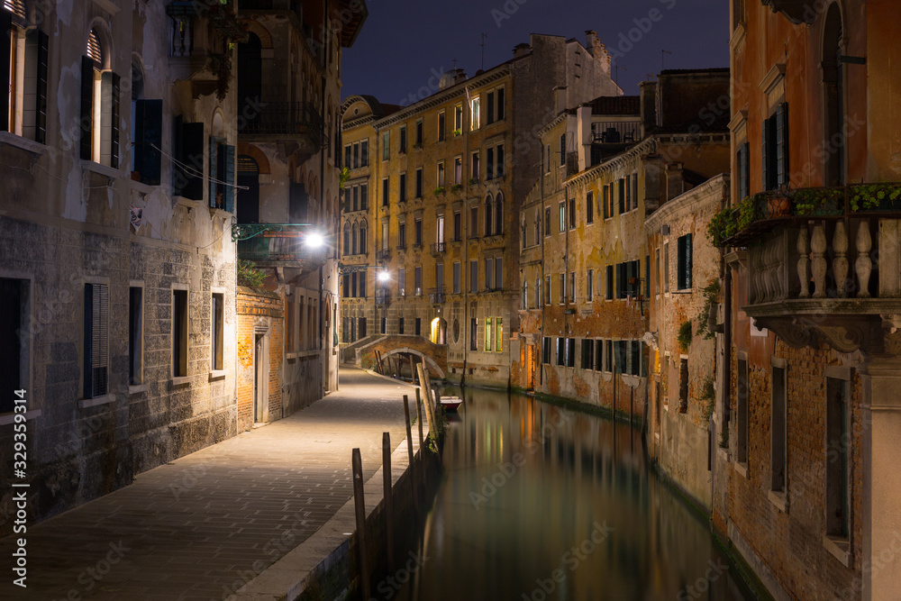 Canals of Venice city with beautiful architecture at night, Italy