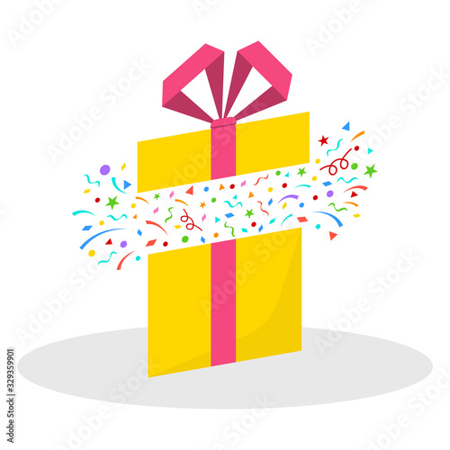 Surprise Gift box with ribbon, bow and confetti fireworks. Open present box for Sale banner, Christmas or Birthday card. Magic package concept. Vector illustration.