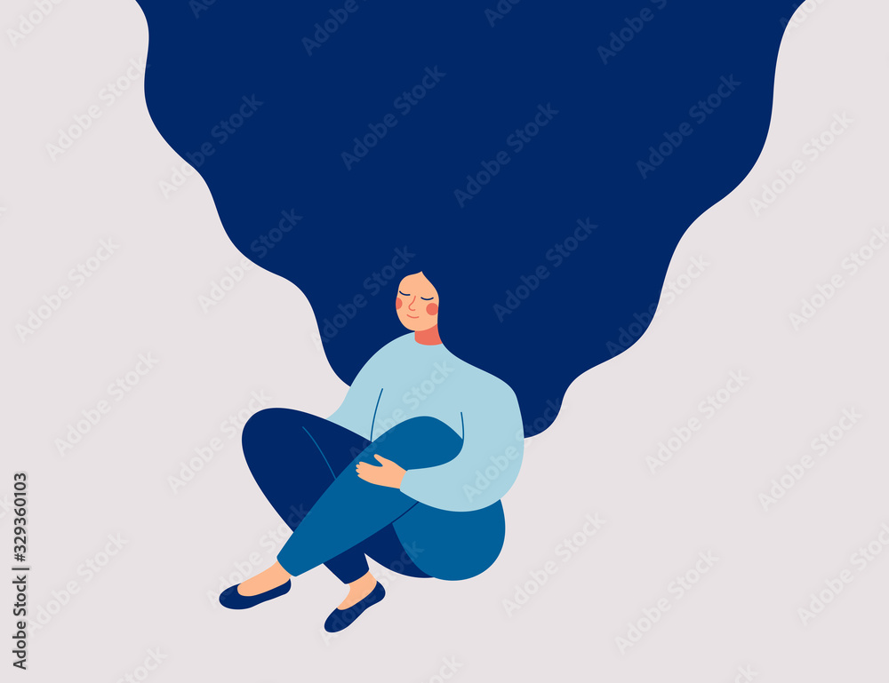 Young woman sits on floor, meditating and performing breath control exercise. Girl with flying hair practices self-mindfulness. Flat cartoon vector illustration. - obrazy, fototapety, plakaty 