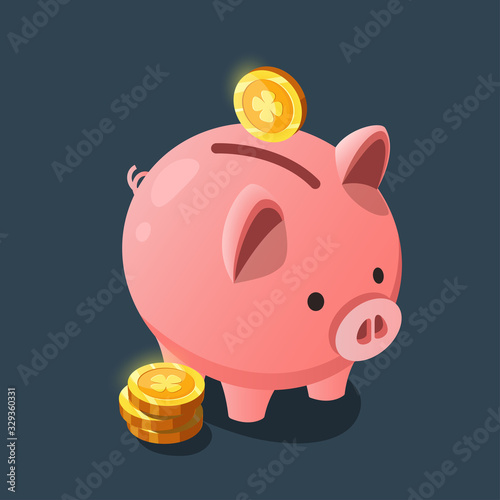 Piggy bank with coins. Pink pig in the form of a piggy bank for the game interface.