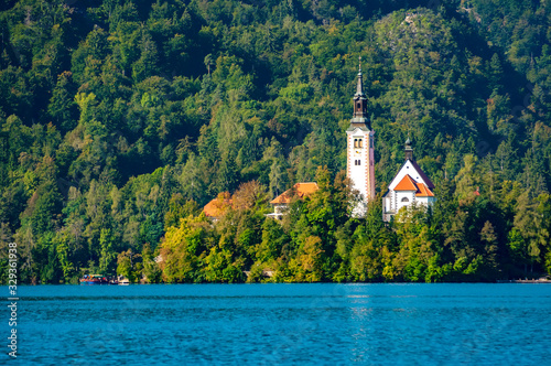 View on the Pilgrimage Church of the Assumption of Maria on the Lake Bled. © nordantin