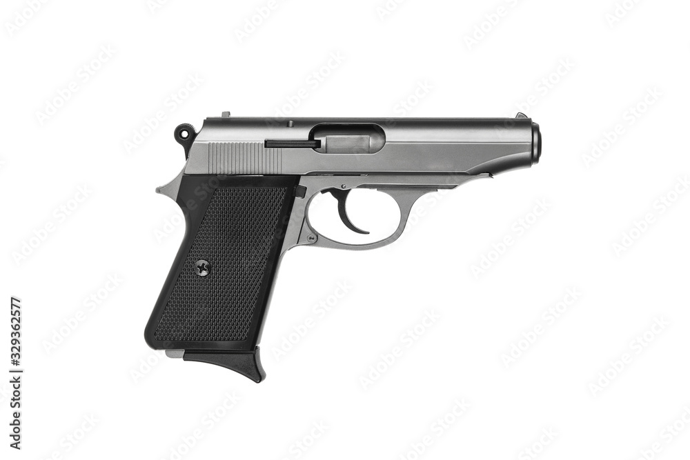 Small black silver modern pistol. Ladies' pistol. Weapons for hidden wearing.Gun isolate on a white back Small black silver modern pistol. Ladies' pistol. Weapons for hidden wearing.Gun isolate on a white back