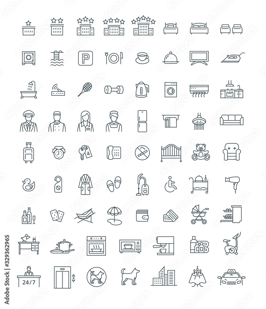 Booking hotel, motel or hostel room with services thin line vector icons. Rent an apartment with private facilities while traveling. Black outline symbols. Simple linear pictograms