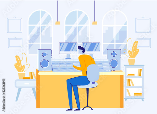 Man Engineer, Dj or Producer Sitting at Table with Equipment Working at Digital Sound Mixing Board in Boutique Recording Studio Making New Song or Concert Composition Cartoon Flat Vector Illustration