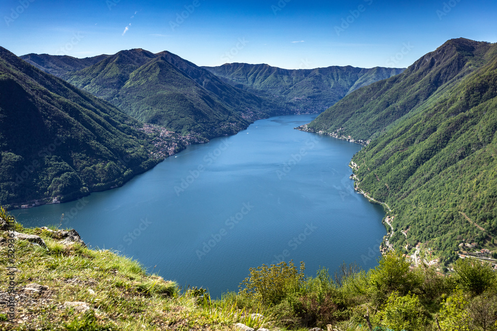 Spring panorama of Lake Como seen from the town of Pigra
