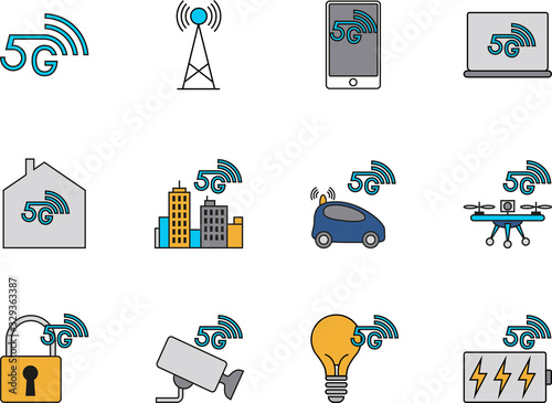 5G icons for smart home, autonomous vehicles, smart cities.  New  5th generation mobile network, high-speed connection to wireless systems. Set of vector color line icons.