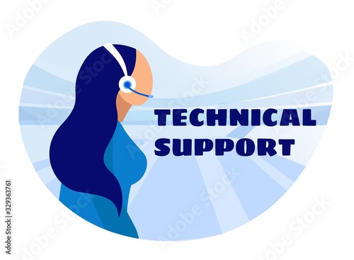 Banner Present Female Technical Support Specialist. Cartoon Woman Character in Headphones with Microphone Solving Customer Problem. Client Service Phone Helping Operator. Vector Flat Illustration