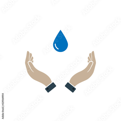 water drop in hand. vector symbol flat design on white background