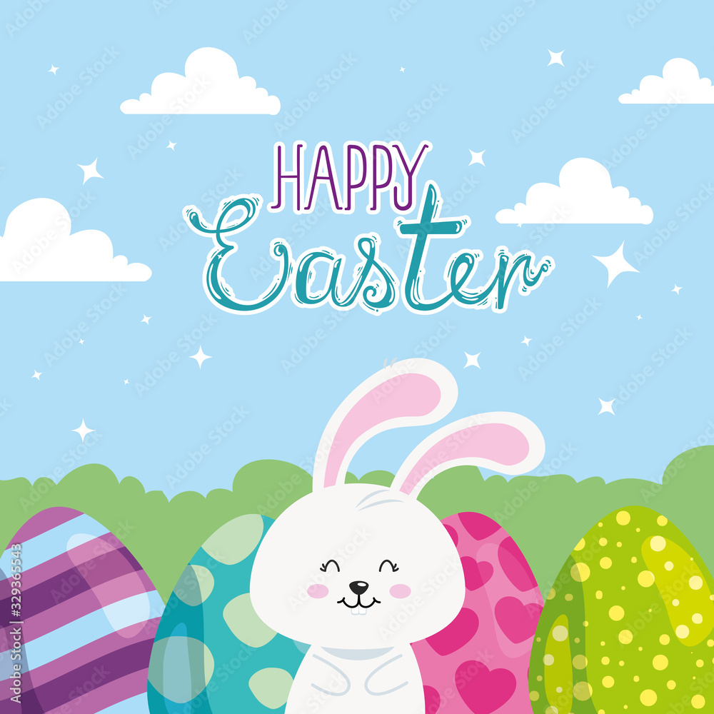 happy easter card with rabbit and eggs in landscape vector illustration design