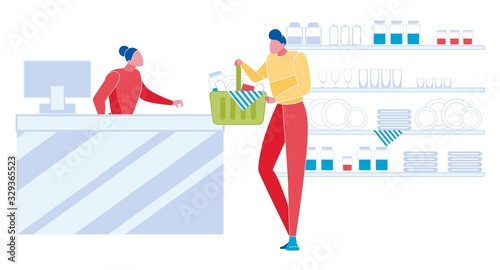 Customer Shopping Inside Supermarket near Cash Register. Communication between Consumer and Worker. Market Purchase Service. Shelves with Dishes on Background. Modern Flat Vector Illustration