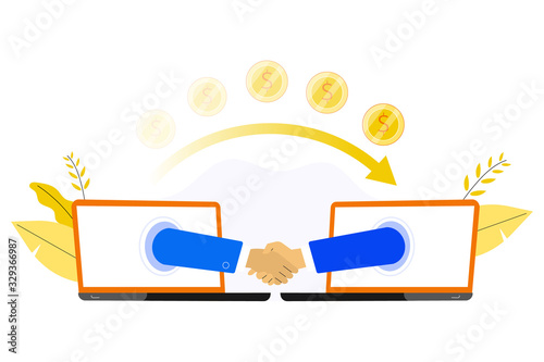 Businessmen shake hands from two computer or laptop. Online conclusion of the transaction. Business, e commerce concept. Starting new  business. Online banking. Payment. Vector web illustration.