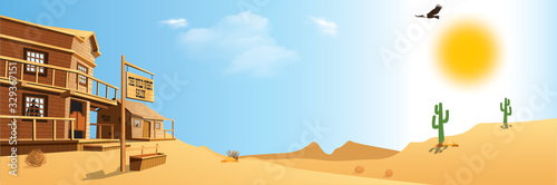 Cartoon Wild West Salon and Prairie Landscape at Morning
