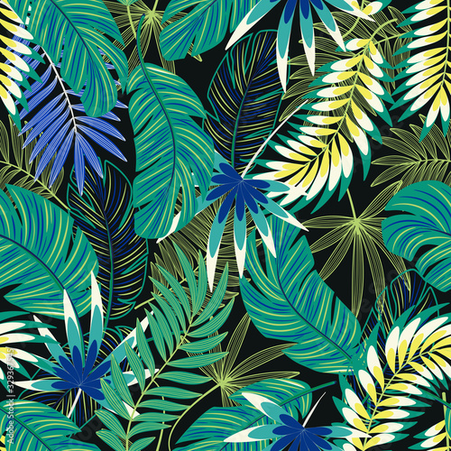 Vector seamless tropical pattern with palm leaves  on dark  background. Vecto...
