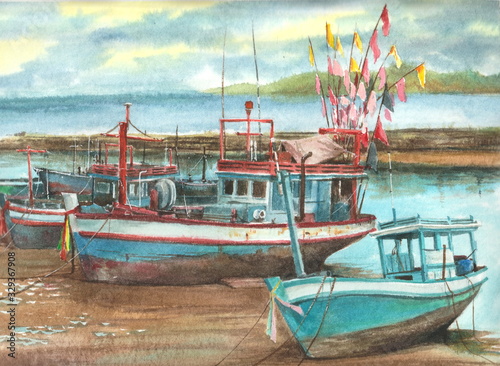 fishing boat on the Thailand beach watercolor painting