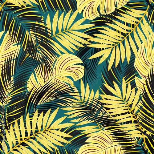 Vector seamless tropical pattern with palm leaves  on dark  background. Vecto...
